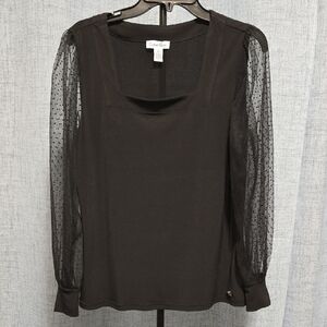 Calvin Klein Black Blouse with Sheer Polka Dot Sleeves  Size M
